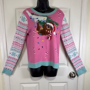 Celebrate Together Girls Pink and White Sweater with Sloth Santa Design Sz XXLPL